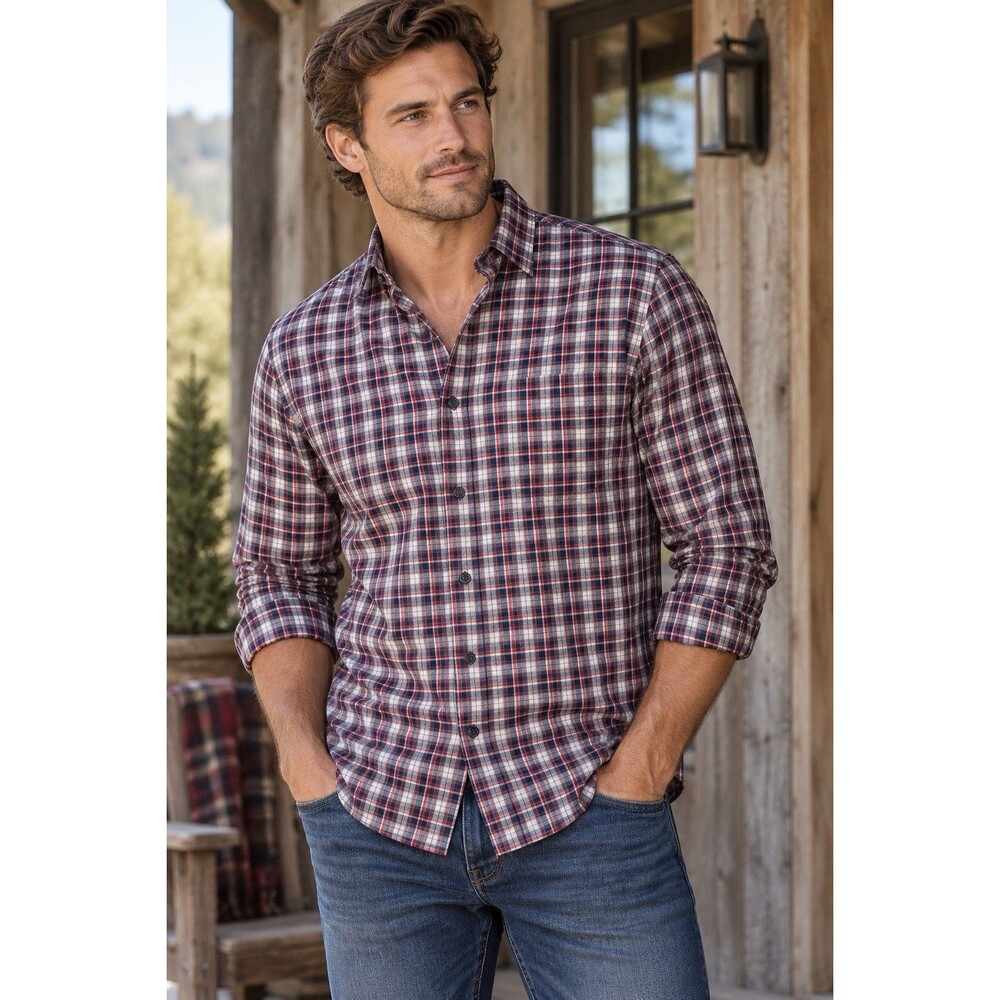 Teddy Stratford Shirt Mens Size 2 Red Blue Gray Check Zipfit Button Down